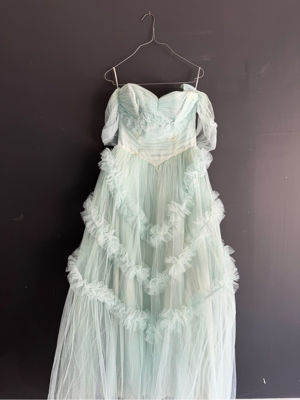 1940s Mint Tulle Gown with Ruffled Tiers